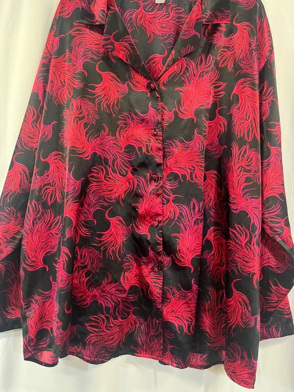Cacique Black and Hot Pink Feather-Print Satin Pajama Set - Picture 3 of 6